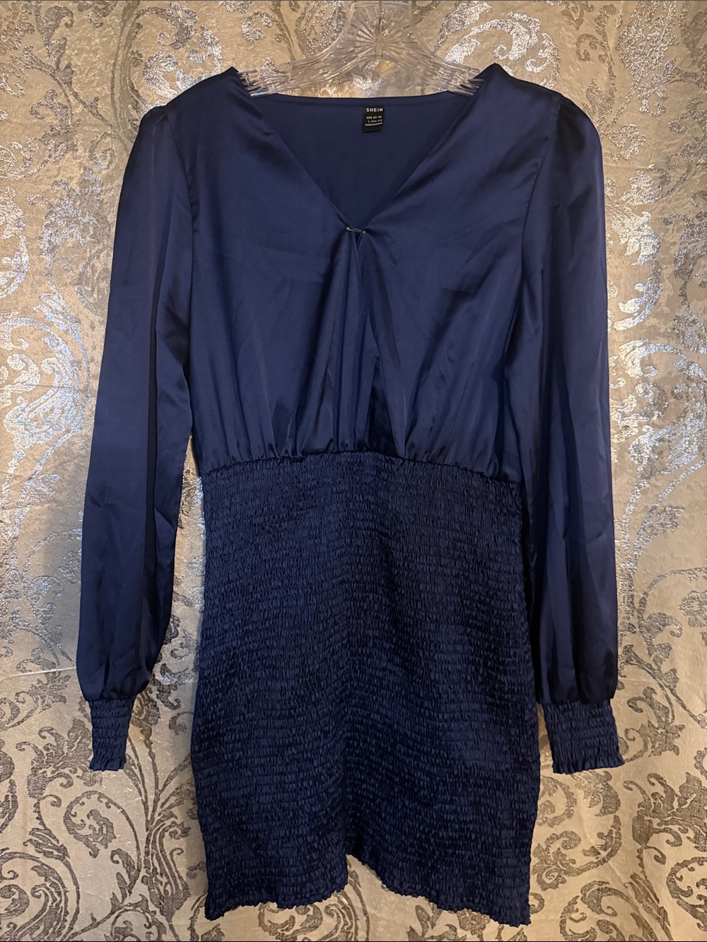 SHEIN Navy Long Sleeve Smocked Waist Mini Dress